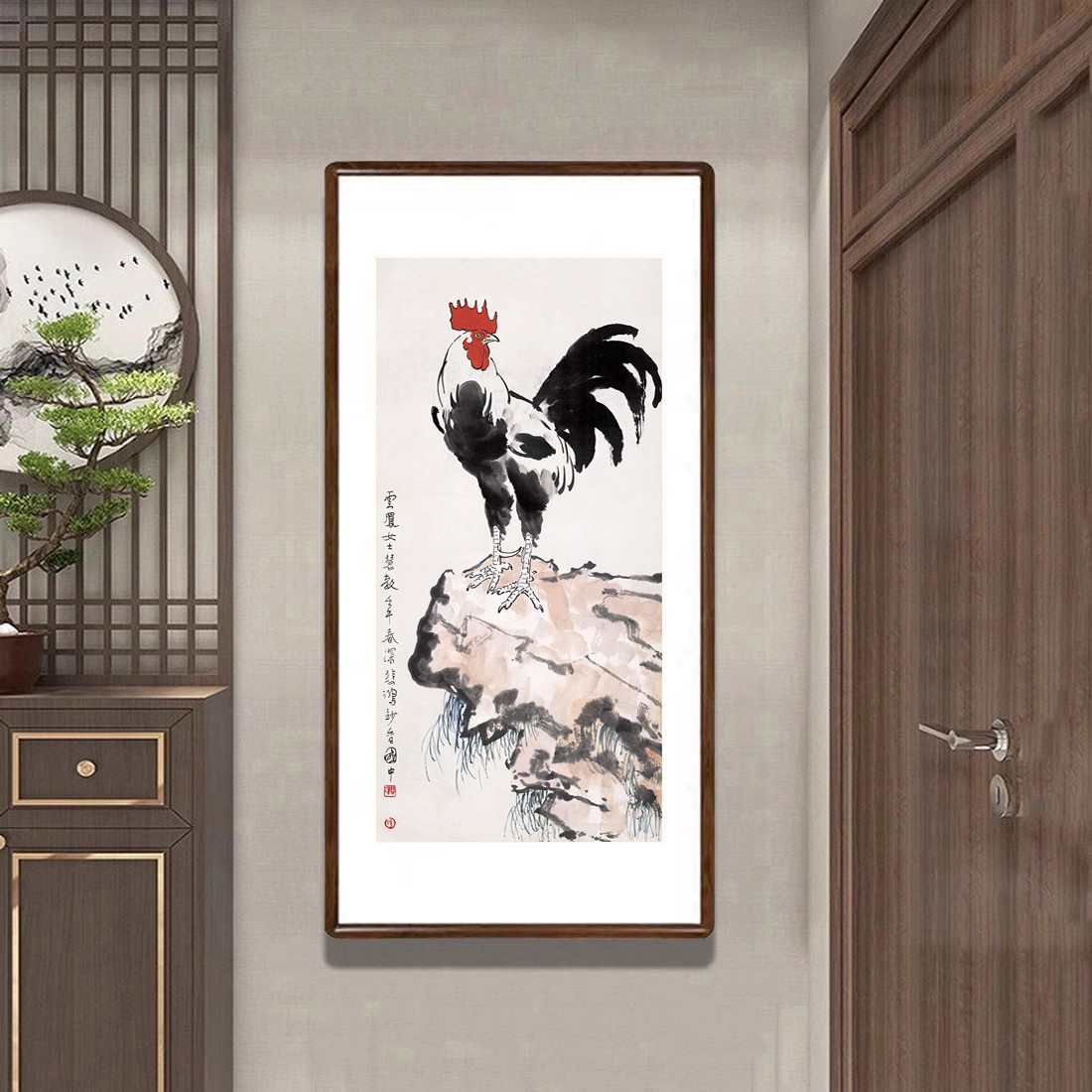 鸡鸣富贵图大公鸡挂画水墨国画新中式客厅玄关装饰画餐厅吉祥壁画