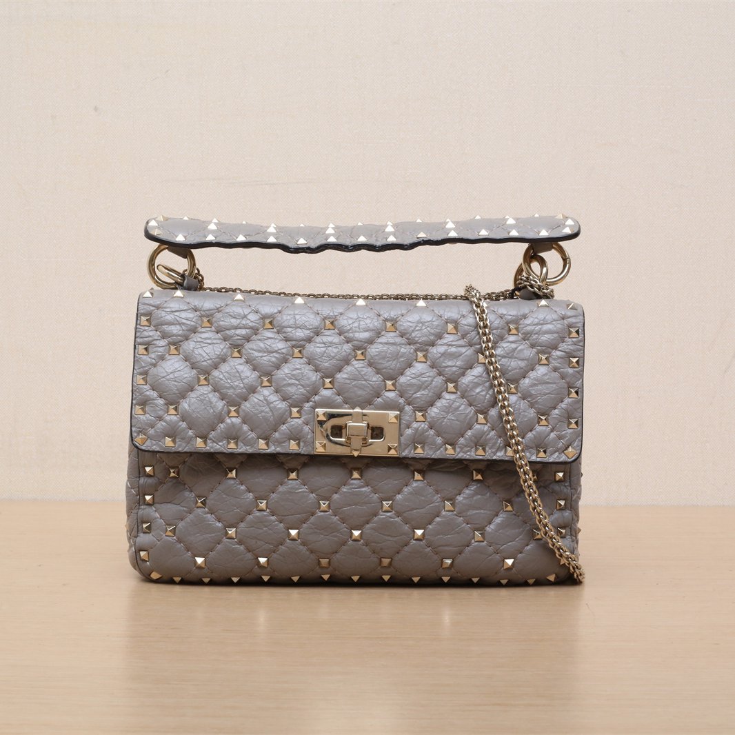 95新 Valentino/华伦天奴 小花Jerry活动 中号手袋 灰色 浅金扣