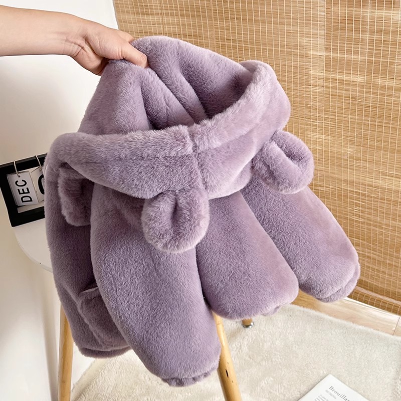 女童宝宝冬季连帽毛毛保暖外套仿皮草加绒加厚可爱儿童仿兔毛童装