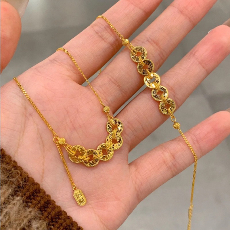 坠链均925银 925银五福项链碎冰冰五帝币项链女金光闪闪新中式