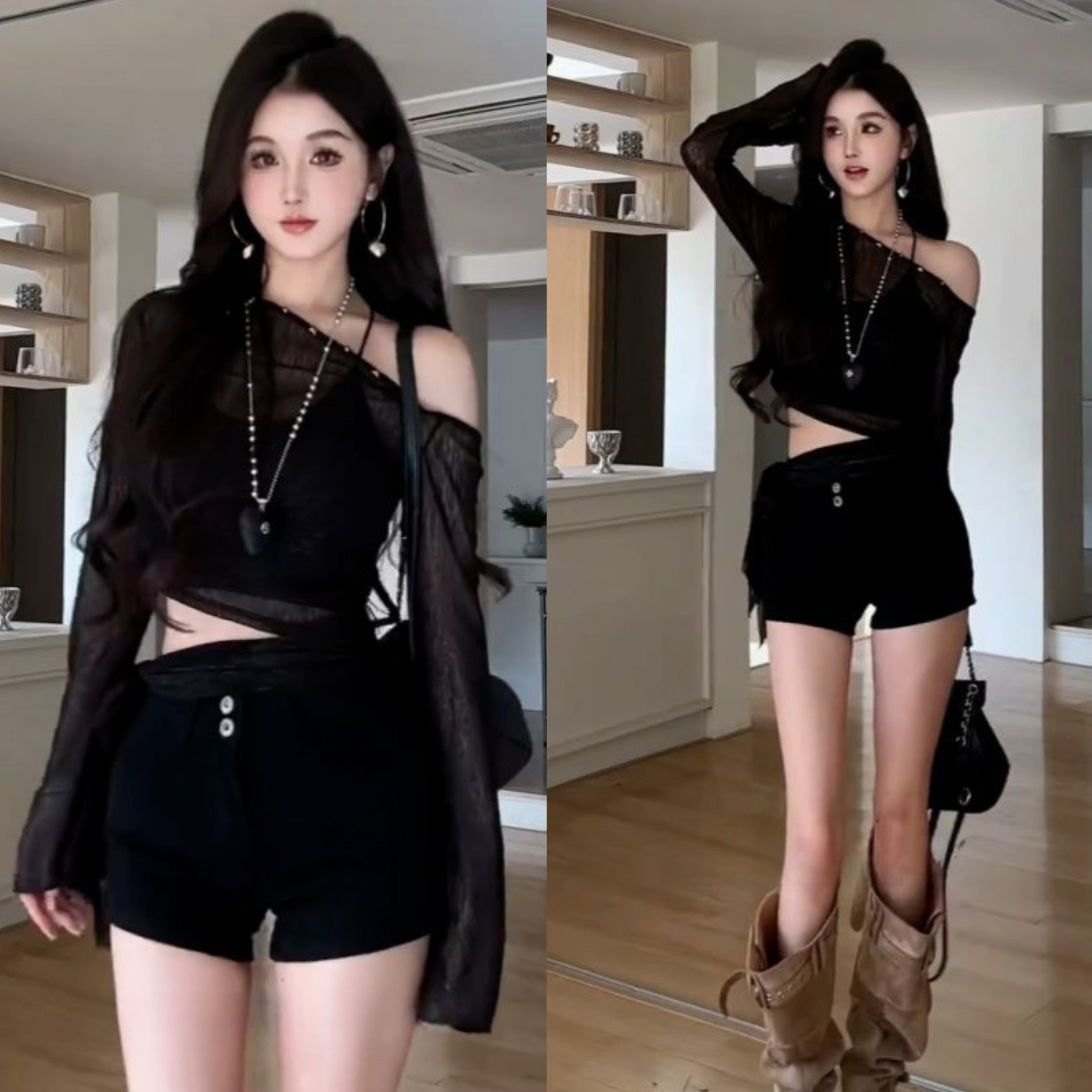 辣妹性感烫金斜肩长袖T恤女夏季设计感薄款防晒罩衫舞蹈服装上衣