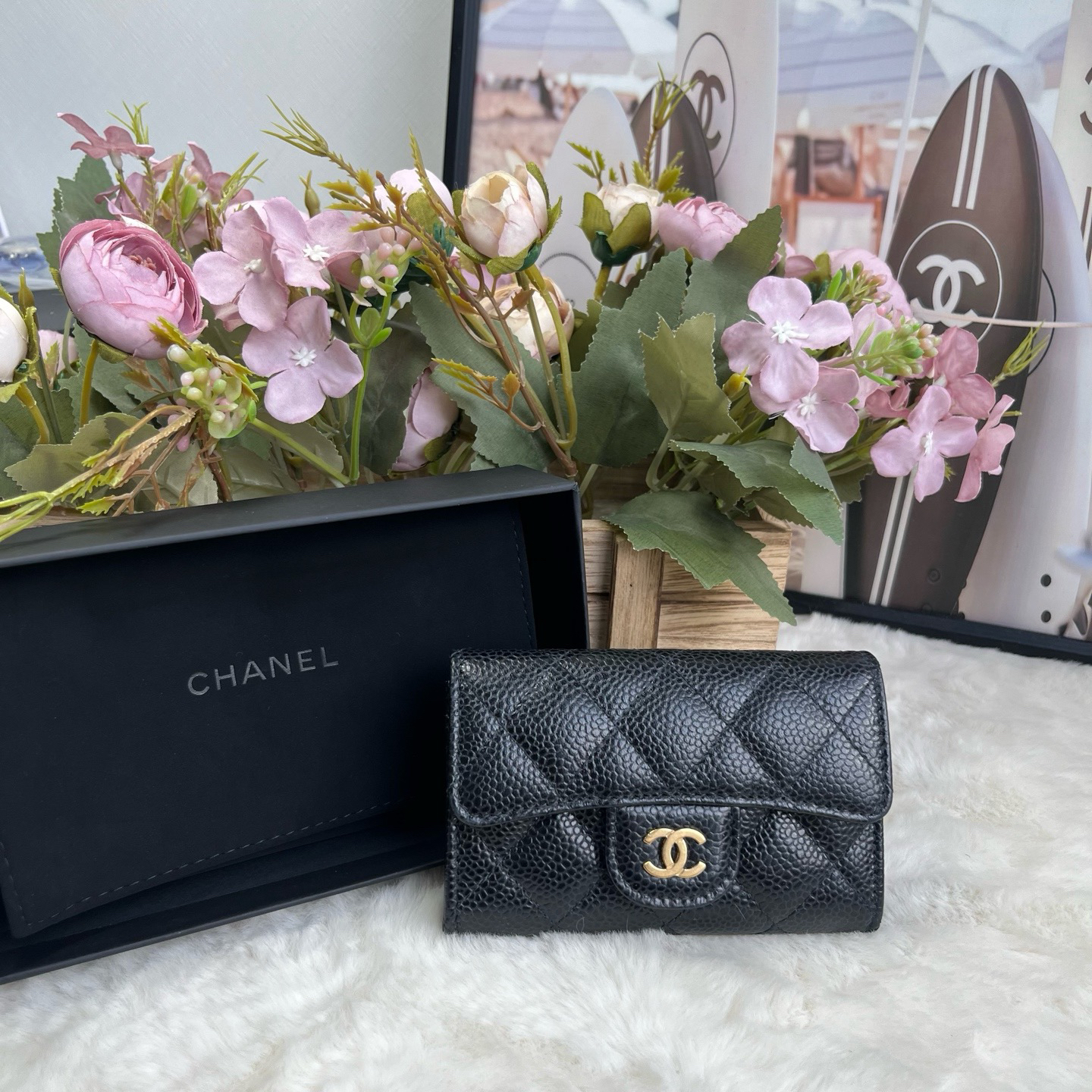 99新 Chanel/香奈儿 黑金荔枝牛卡包零钱包（31开带卡）