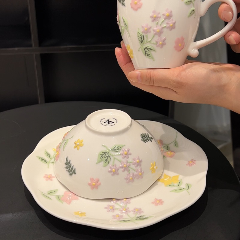 大美陶瓷手绘浮雕花朵甜品碗｜甜品盘