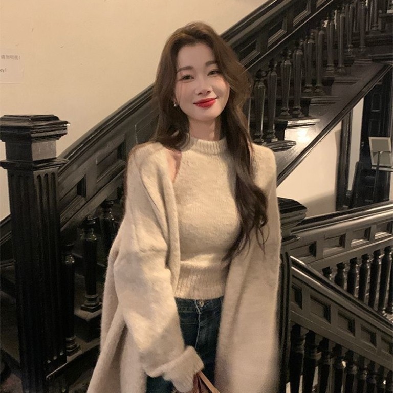 LDL25001真二件穿搭毛衣开衫外套女2025秋冬季新款慵懒风上衣套装