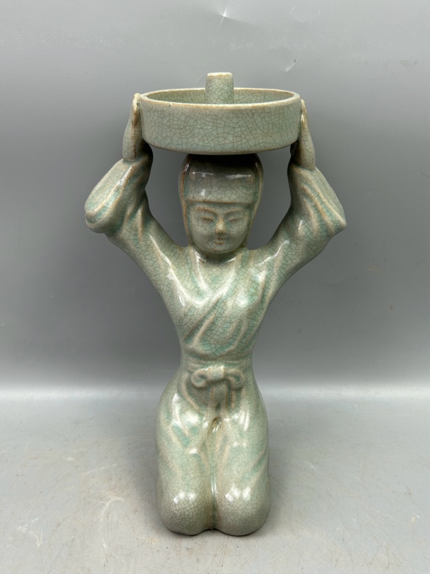 手工制作耀州窑老物件天青色陶瓷摆件天青釉古瓷冰裂纹复古青瓷