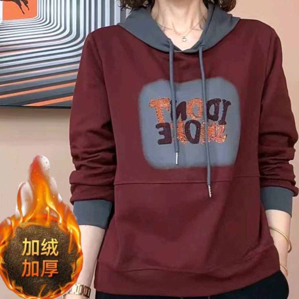 秋季新款 时尚烫钻字母印花连帽卫衣女洋气百搭宽松减龄休闲上衣