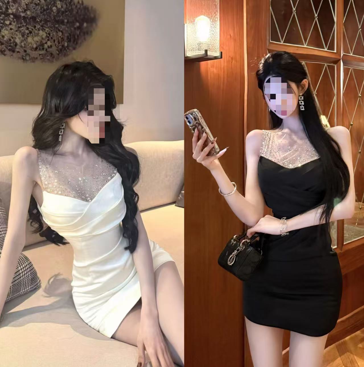 GGE【 哈邱呀~】【幻夜精灵】法式气质网纱拼接烫钻无袖连衣裙