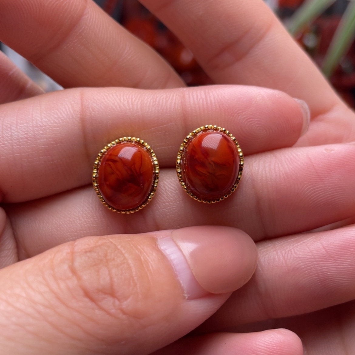 【闪购商品】南红玛瑙火焰纹耳钉银S925镶嵌