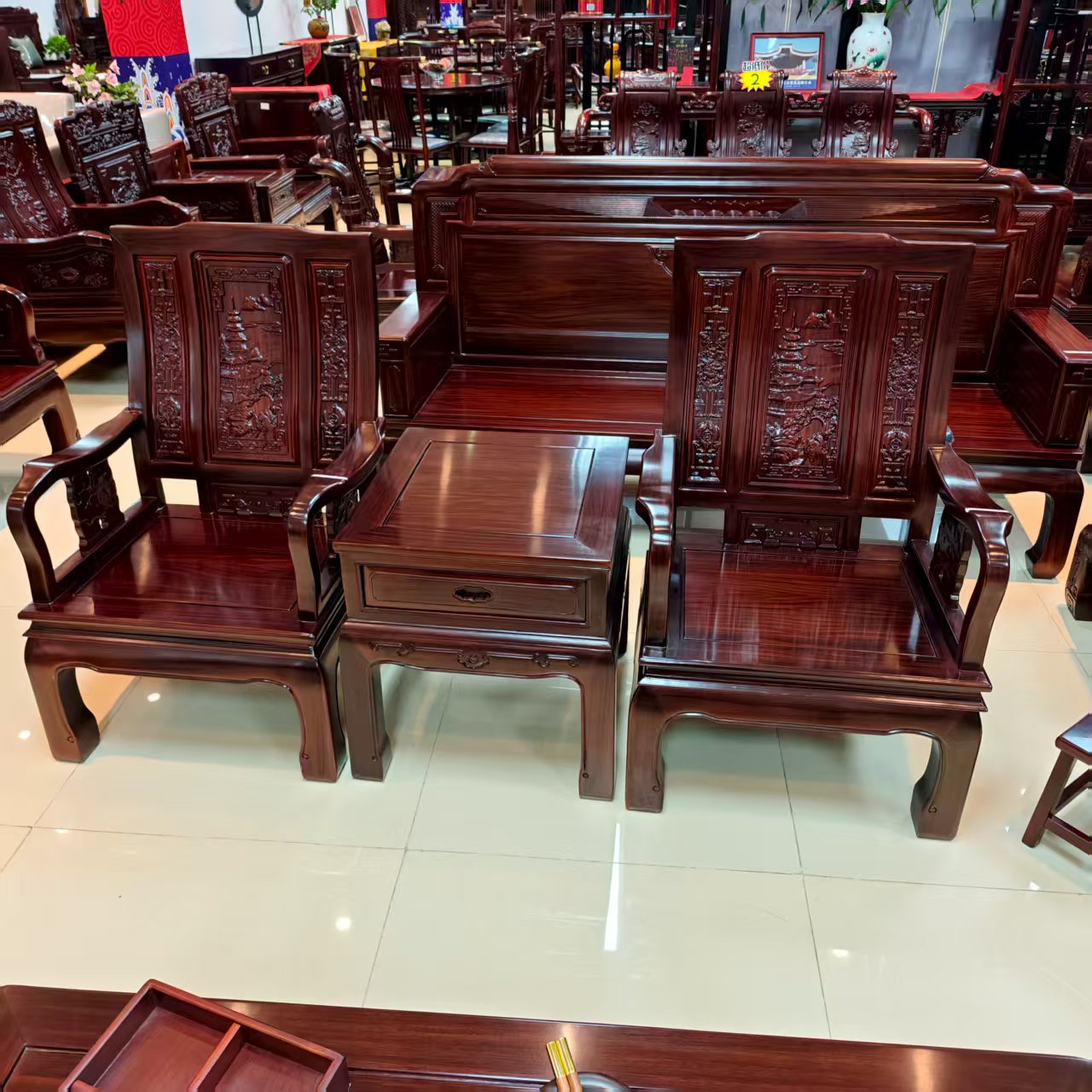 酸枝木 宝塔万字三件套占地尺寸：长2.2m宽65坐高40背高107