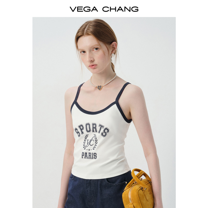 VEGA CHANG吊带背心女2025新款夏季撞色字母印花修身短款百搭上衣