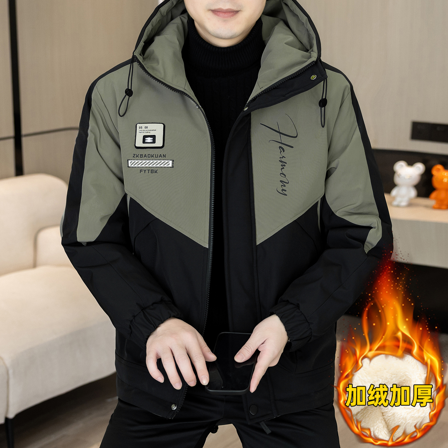 冬季男士外套加绒加厚2025新款青年休闲连帽棉衣男防寒保暖棉服