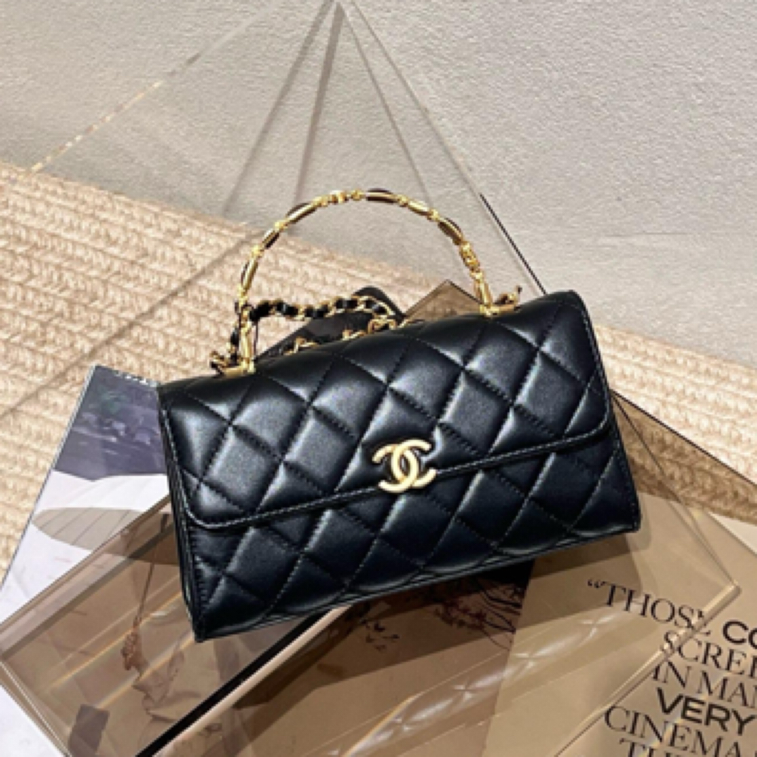 99新 Chanel/香奈儿 22B 黑金羊皮珐琅手柄横版Kelly