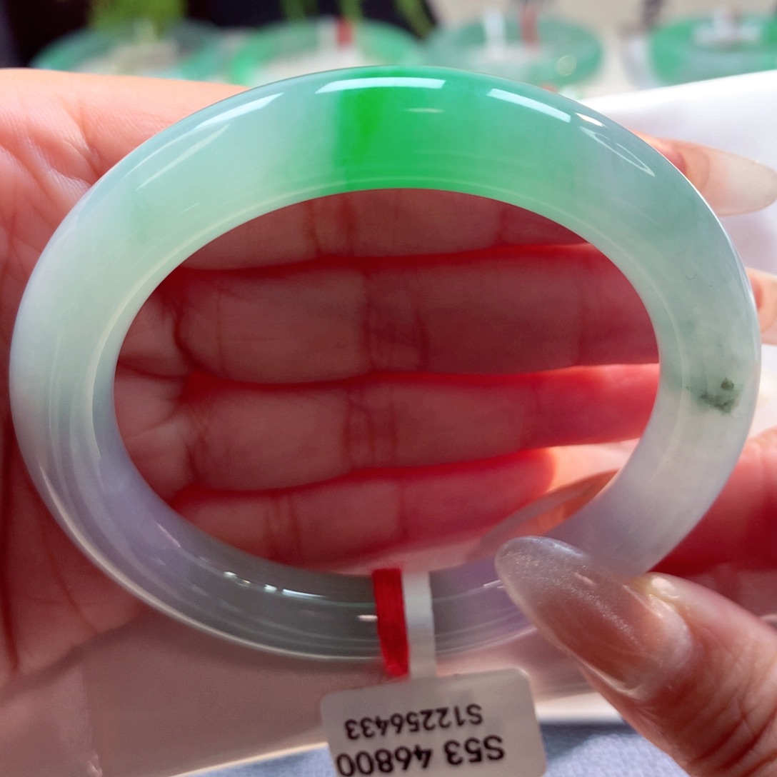 未镶嵌手镯翡翠53圆条冰胶飘绿 （6号）