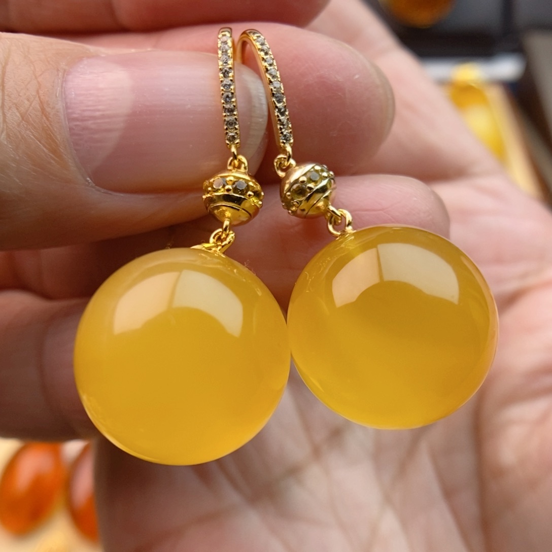 琥珀耳饰银S925镀金镶嵌16m