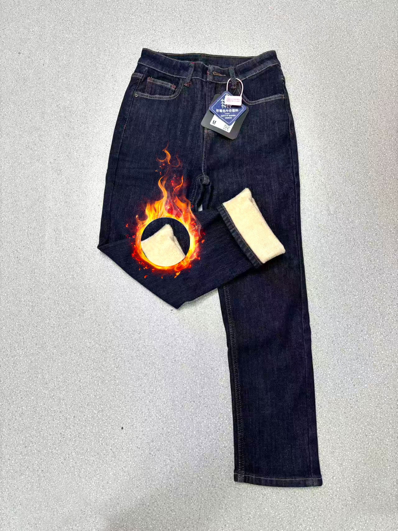 2025秋冬新款高腰窄版直筒加绒牛仔裤