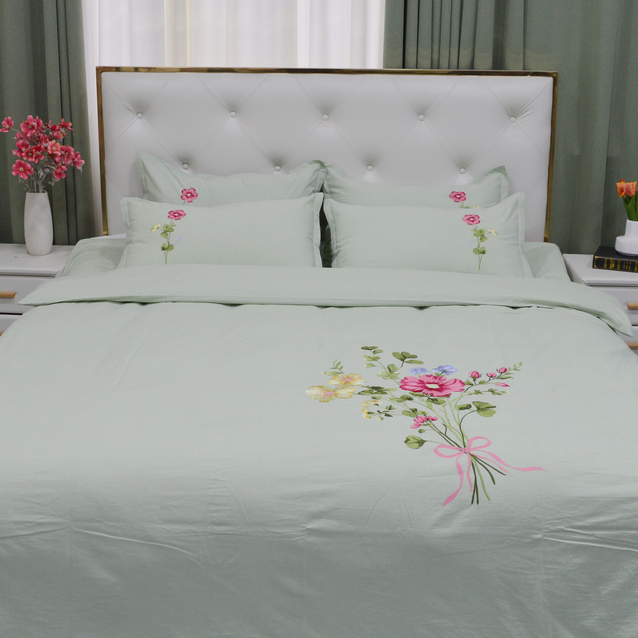 绣花色织纯棉单支花束被套床单枕套