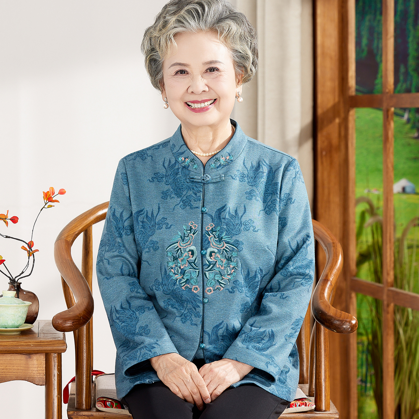 奶奶秋装衬衫中老年人女唐装上衣70岁老太太国风衬衣妈妈新款衣服