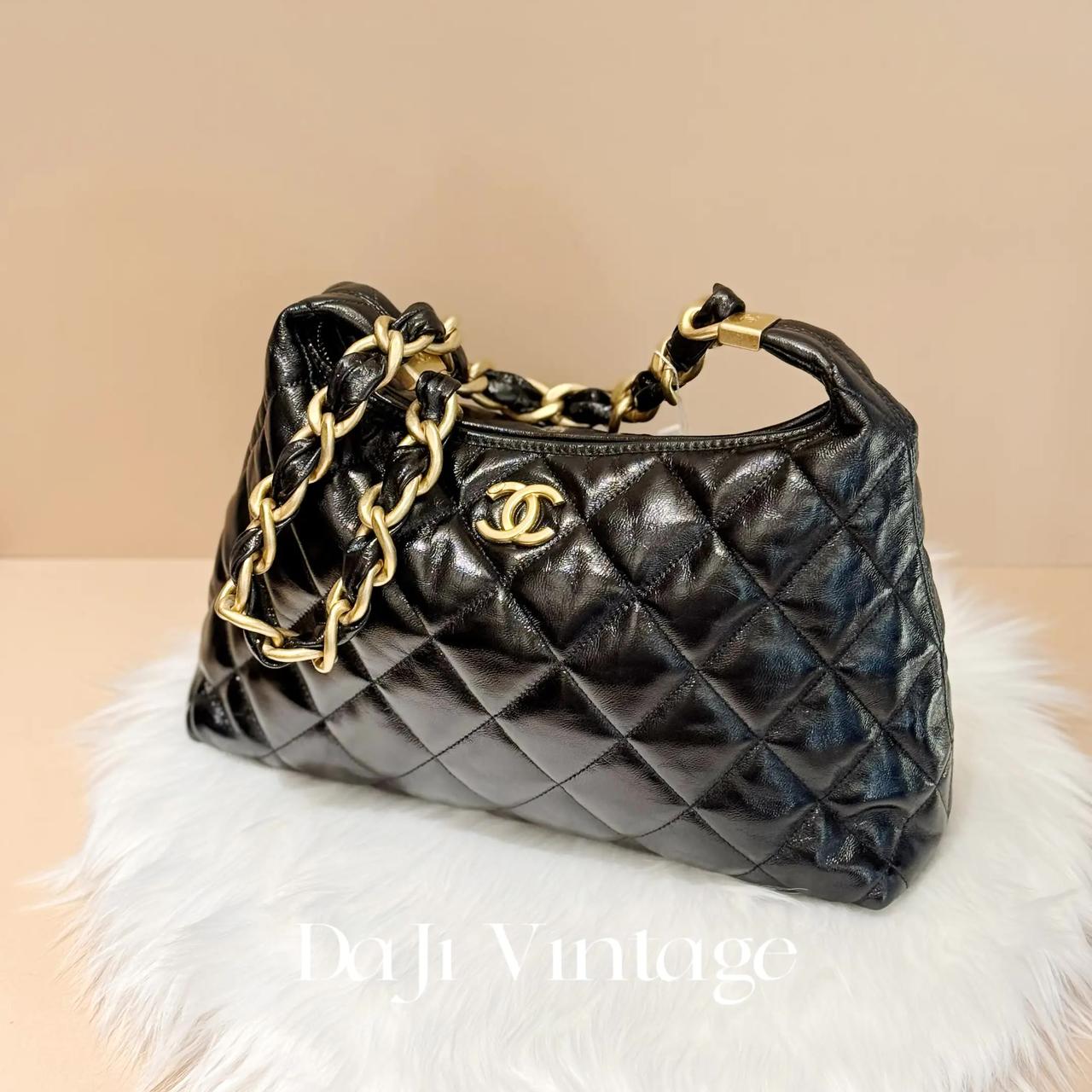 99新 Chanel/香奈儿 大吉中古/香奈儿24A黑金大号粗链条hobo单肩