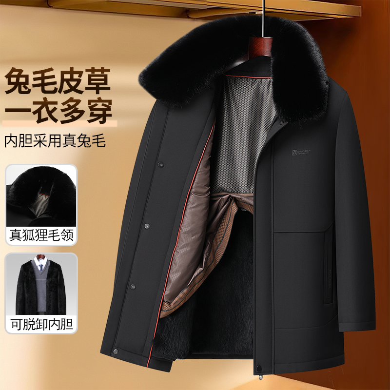 【毛领+兔毛内胆 可拆卸】爸爸装棉衣加绒加厚棉服中老年人男装冬装