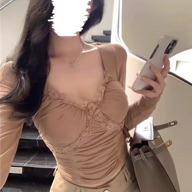 [胖鹅张]纯欲褶皱自带胸垫网纱上衣 #1154[实物以直播间展示为准]