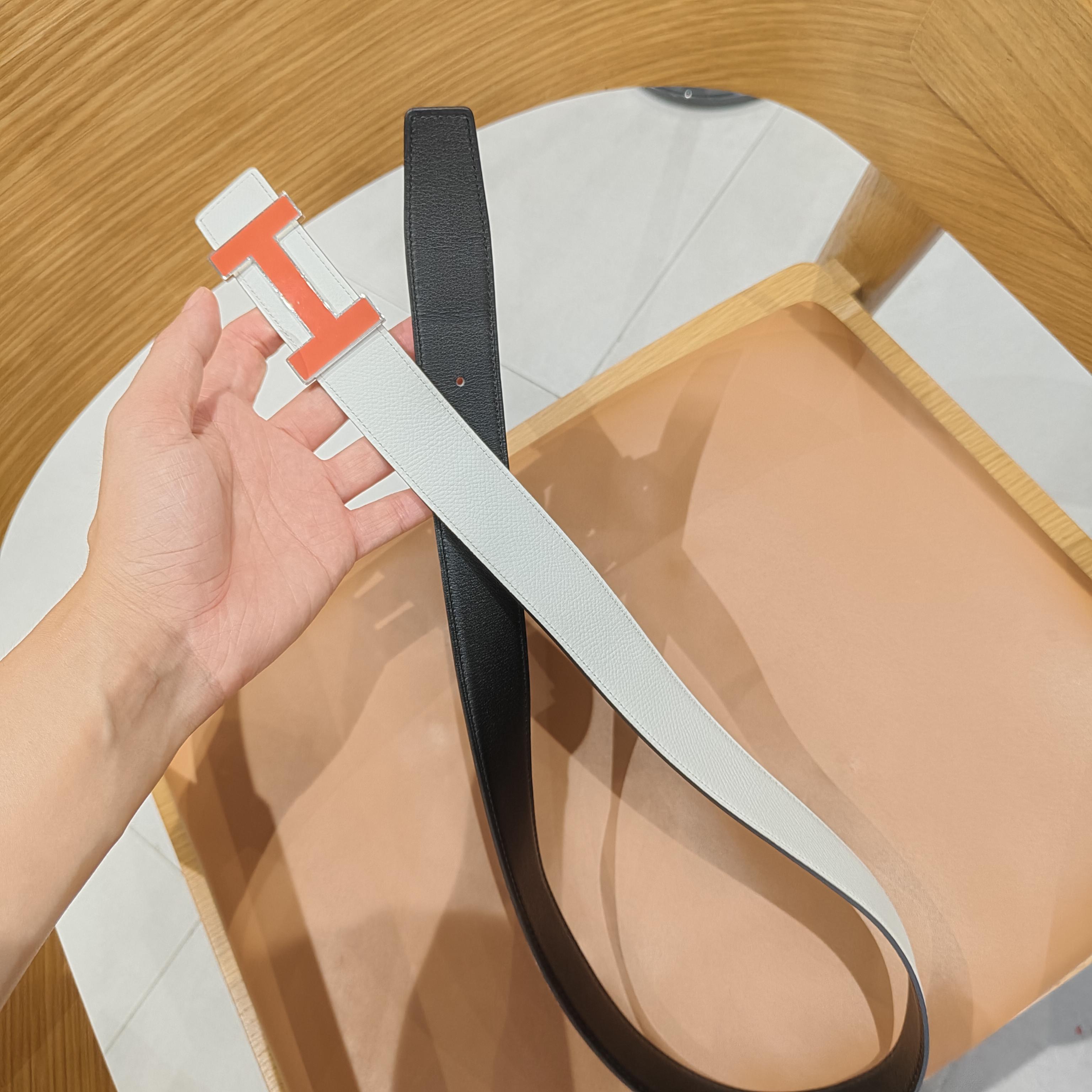 99新 Hermes/爱马仕 蔚蓝/黑白双面 珐琅H扣腰带 80码