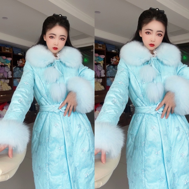 粉黛 蓝狐毛瑞雪 豪华重工设计感狐狸毛修身保暖羽绒服