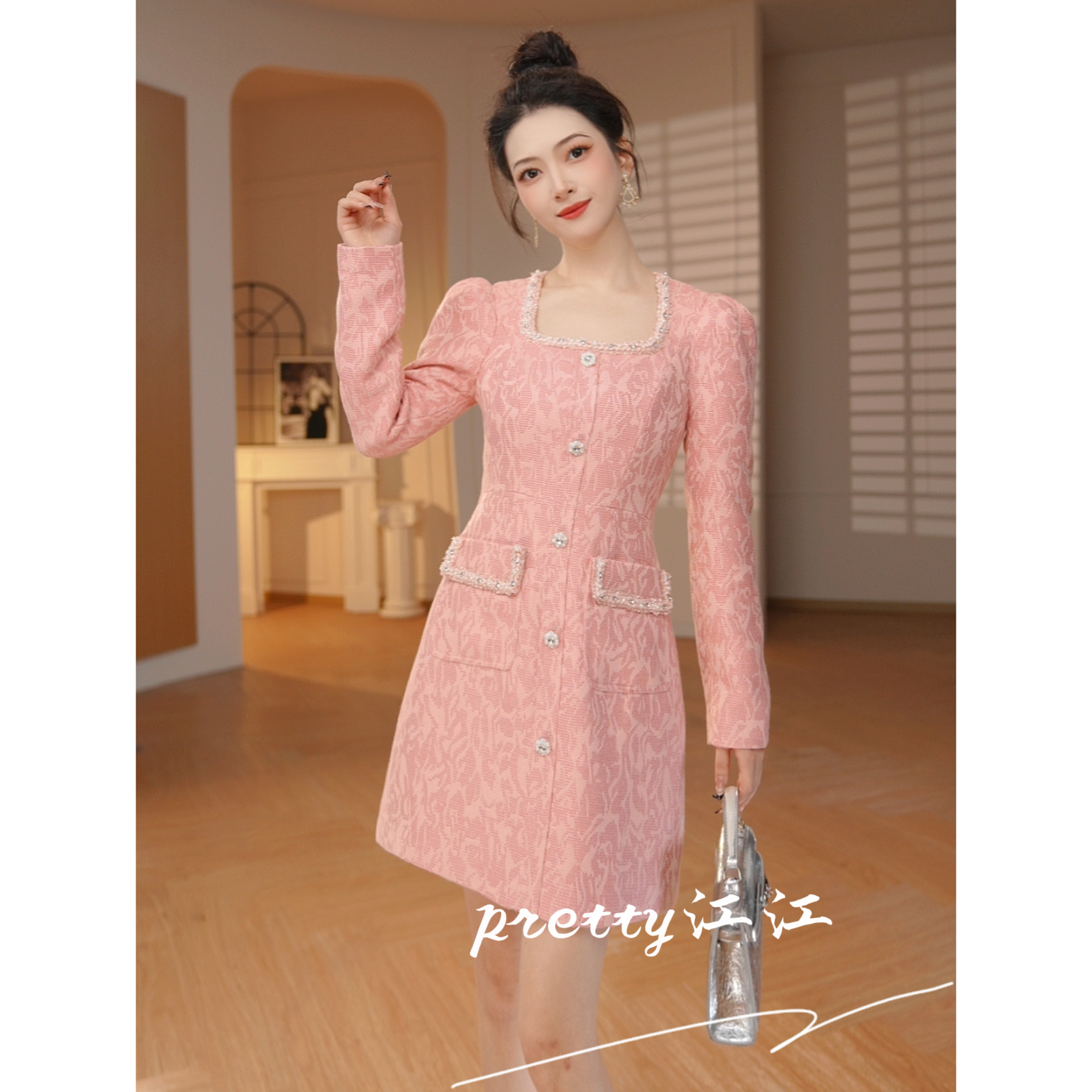 Pretty小众设计师品牌江江定制 法式高腰显瘦公主风连衣裙21886