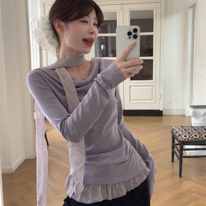 【梦梦】2025春季新款假两件设计荡领拼接格纹配丝巾收腰显瘦上衣