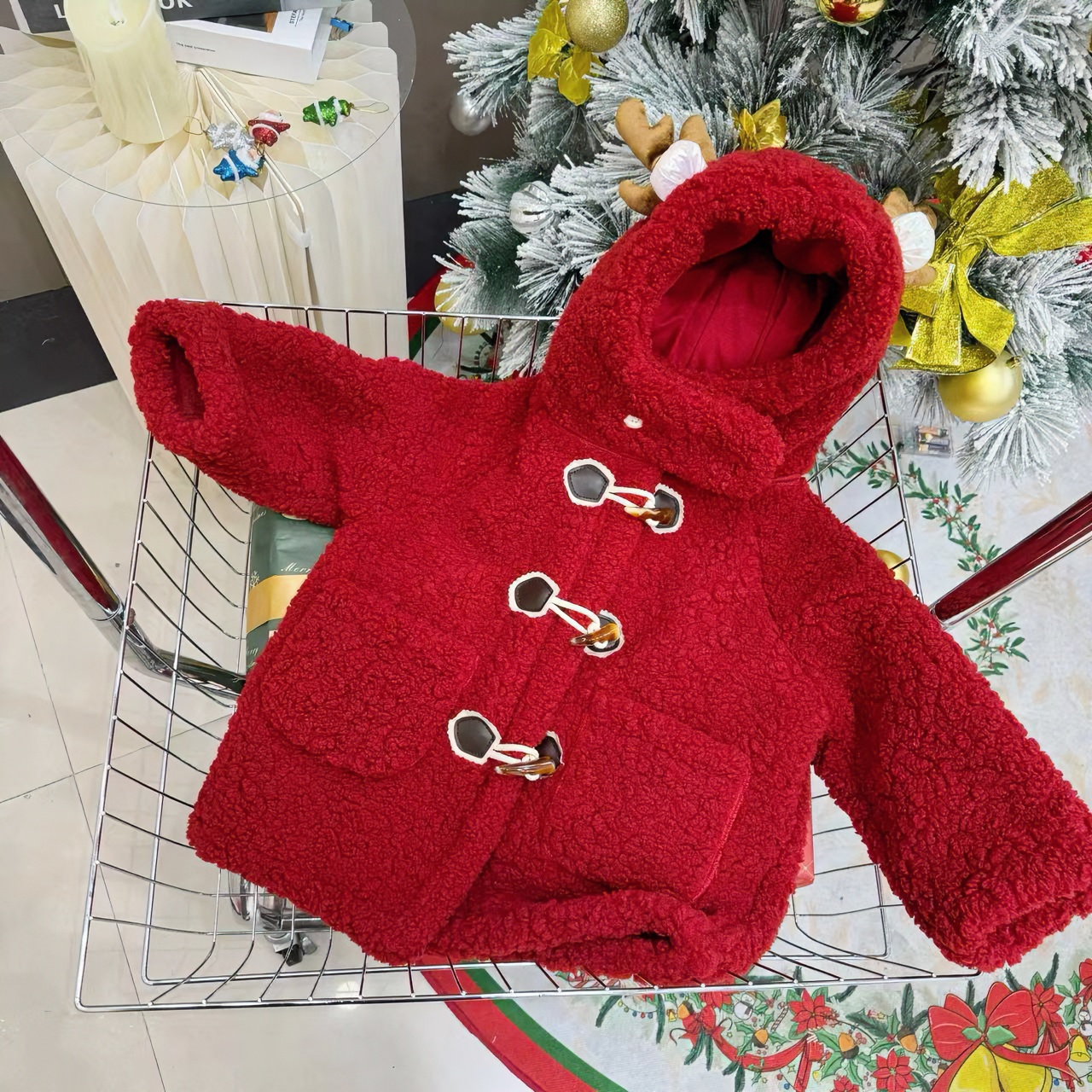 Y3【悦禾】冬季女童可爱龙角洋气红色中长款大衣外套8033