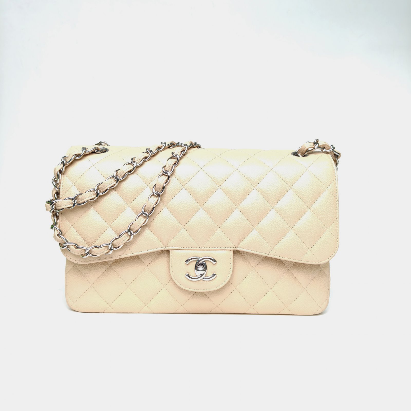 99新 Chanel/香奈儿 小花柳 CF 口盖包 JUMBO 30cm 奶茶色 20开 