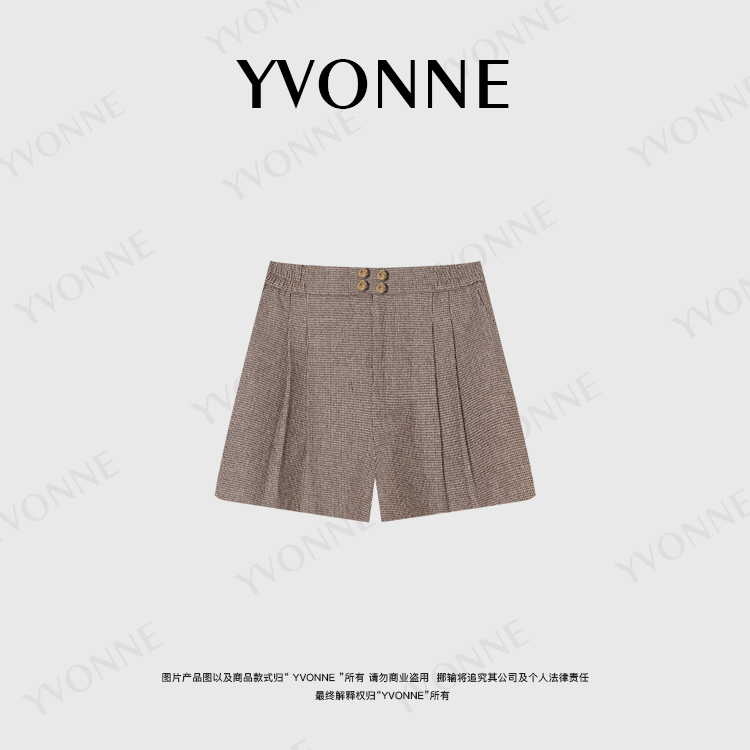 毛呢呢nene /挪威格调 50羊 毛细织格纹设计师毛呢短裤宽松