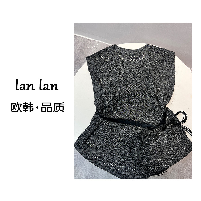 琪琪-早秋上新【无袖腰带镂空针织】韩版显瘦百搭早秋新款无袖