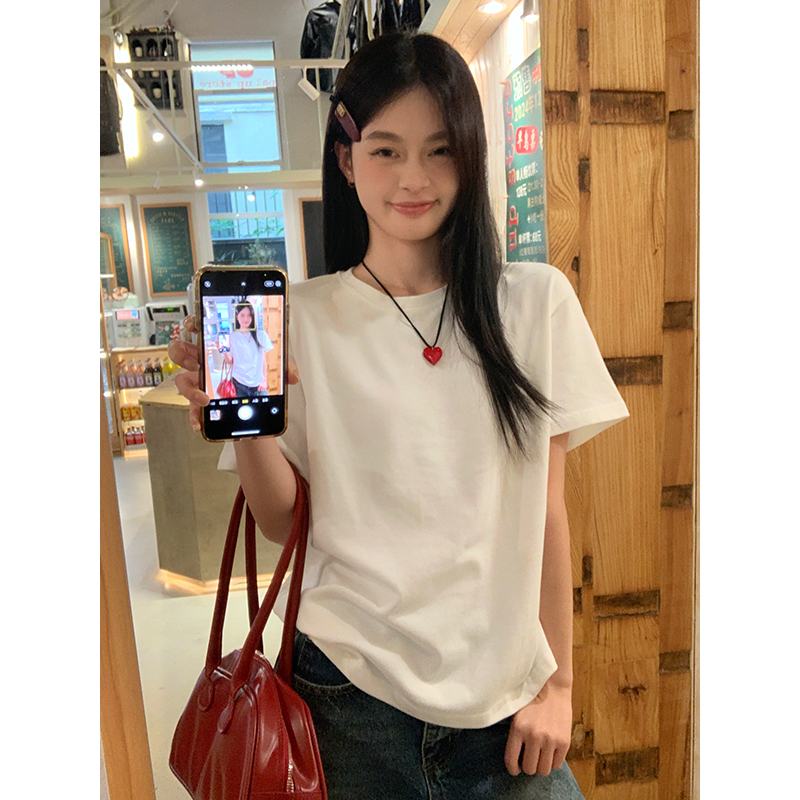 宋正恩白色微宽松短袖t恤女夏季新款正肩显瘦辣妹韩版t恤上衣潮
