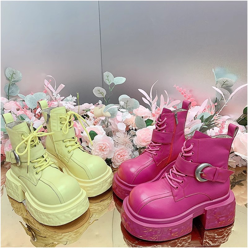 X20796欧美设计师2024秋季新款纯色拉链系扣厚底潮酷休闲马西丁靴