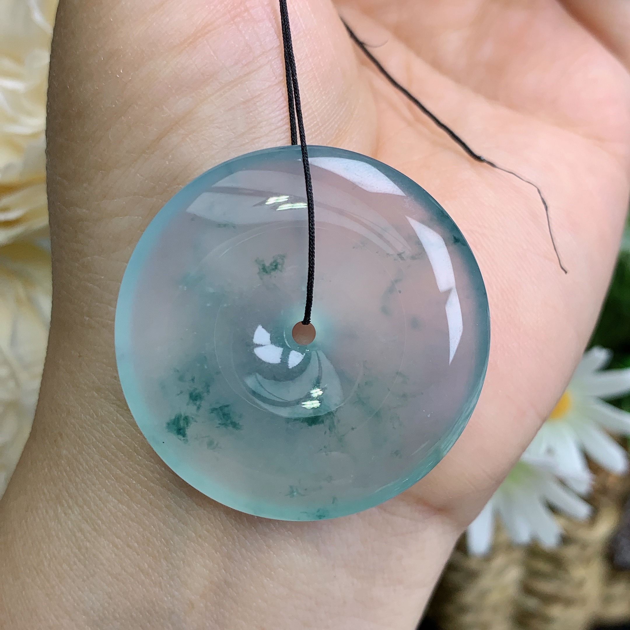 缅甸天然翡翠A货高冰起钢飘花平安扣吊坠爱尺寸38/7.3mm