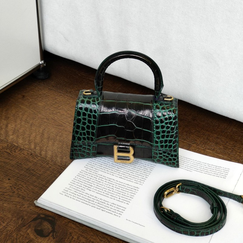 95新 Balenciaga/巴黎世家 黑绿拼色鳄鱼压纹沙漏XS号手提包53201