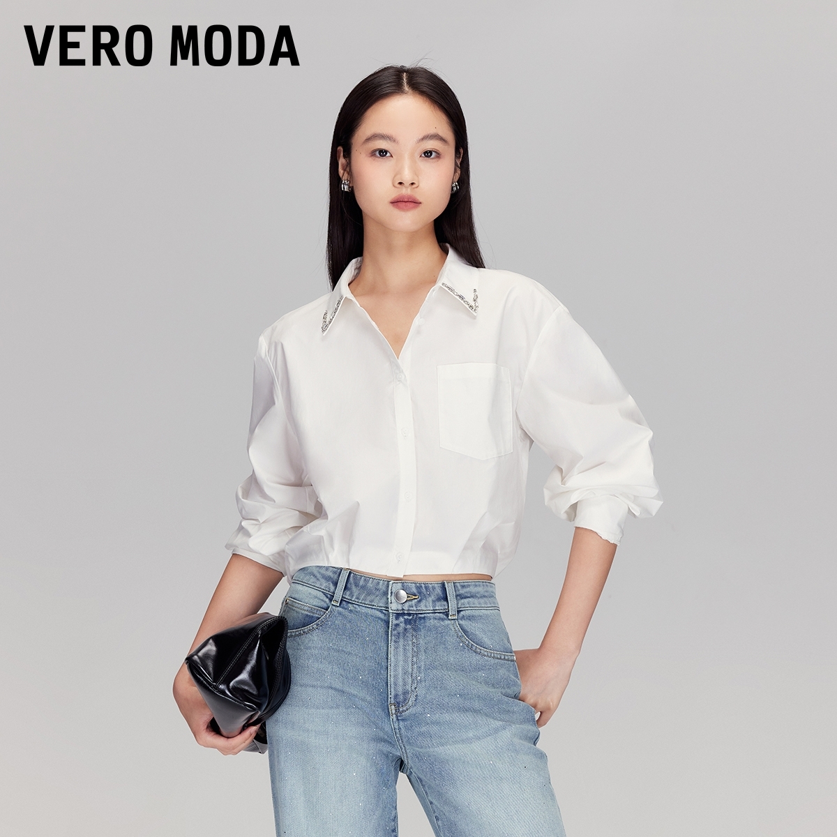 Vero Moda衬衫女2025秋季新款纯棉灯笼袖钉珠水钻衬衫老钱风小众