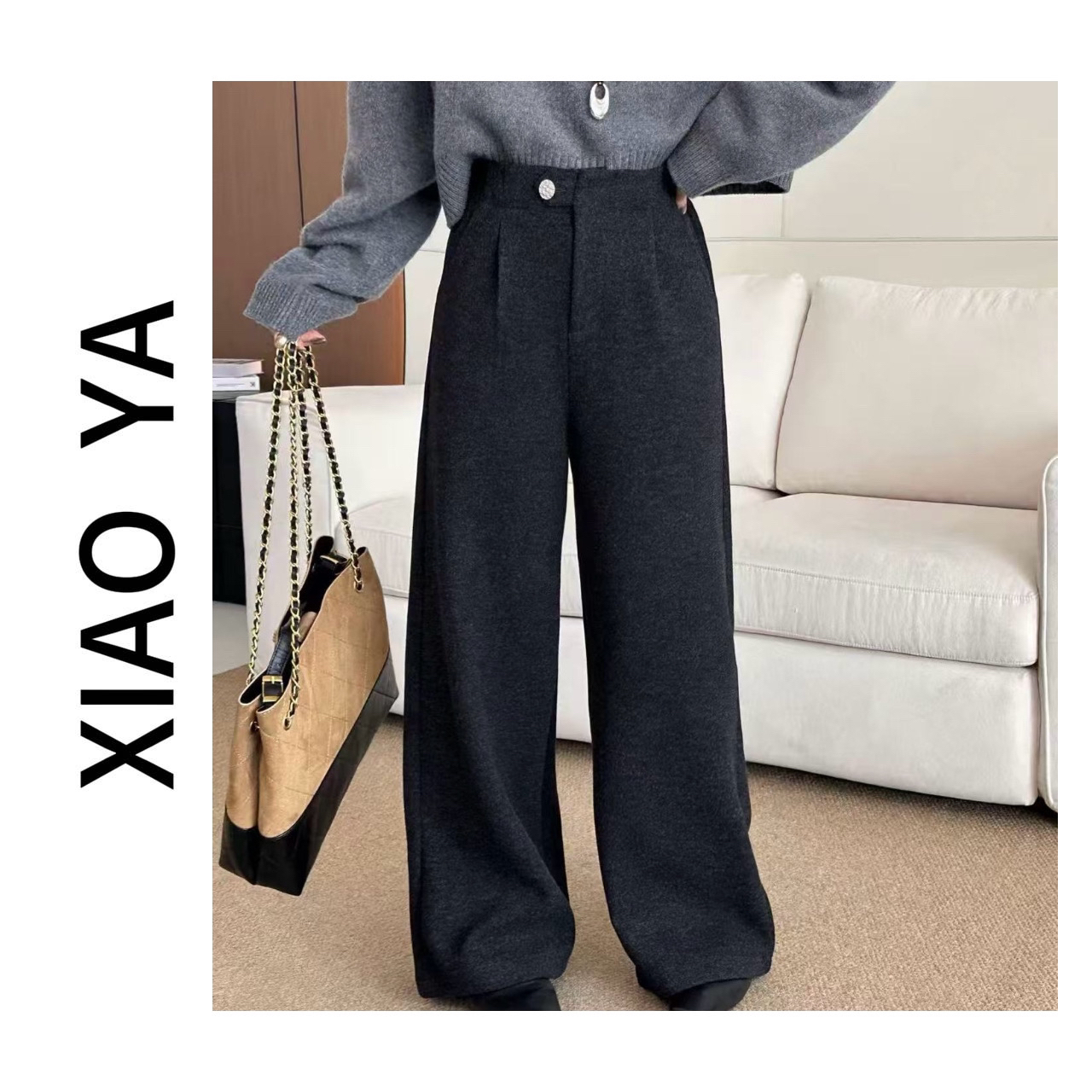 25146冬款极简一粒扣半松紧腰加厚复合绒显瘦百搭阔腿裤（裤长98）