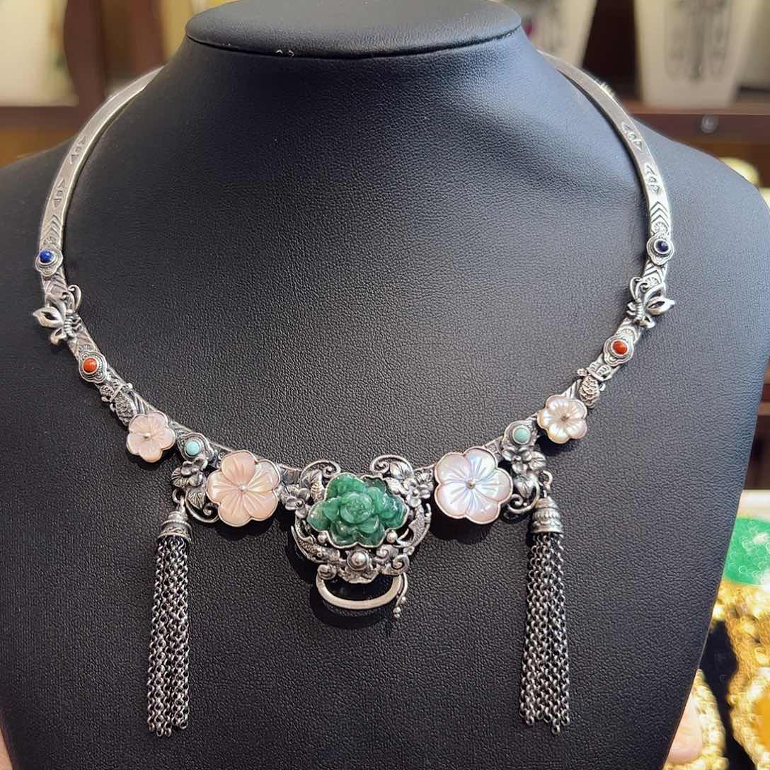 翡翠项链银S925镶嵌项圈