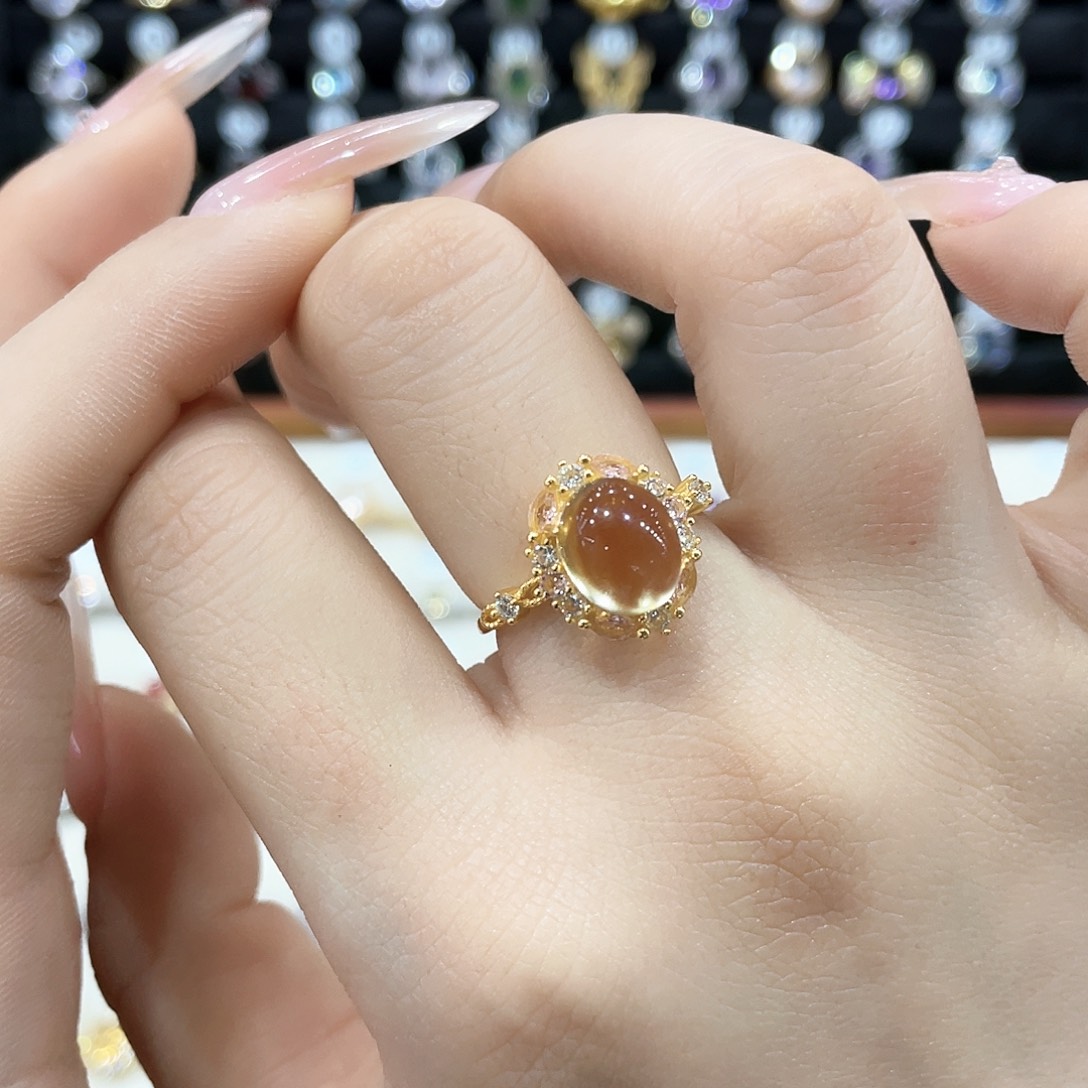 黄晶戒指女银S925镶嵌