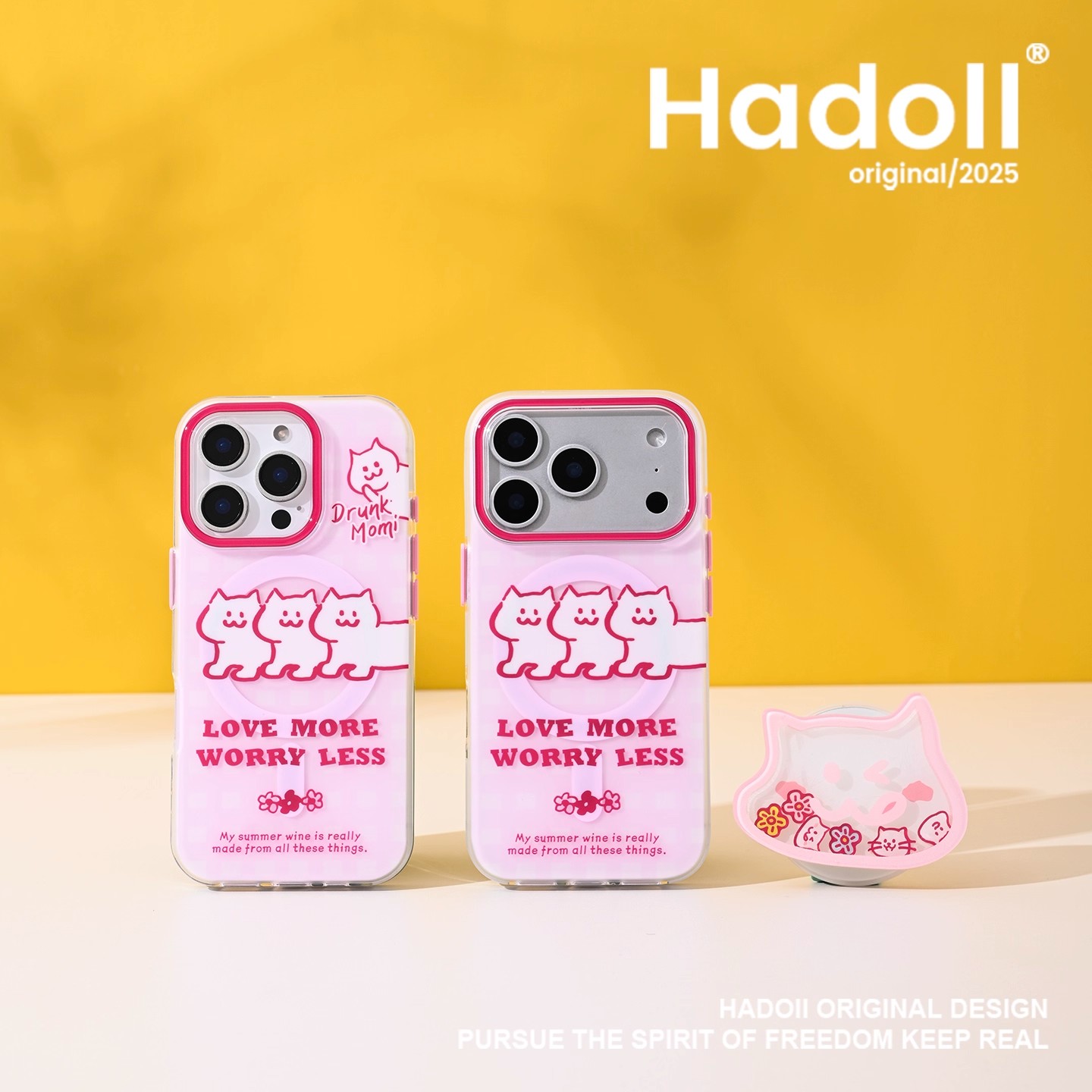 原创粉色猫咪17pm手机壳适用苹果磨砂质感可爱三喵磁吸支架保护套