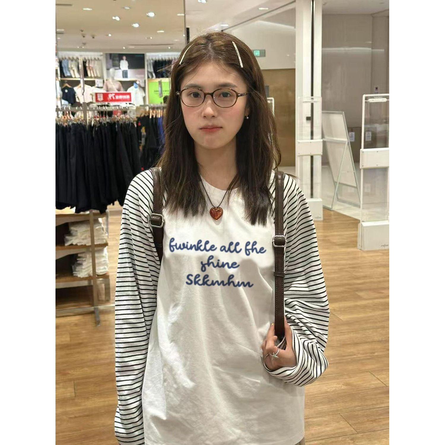 100%纯棉条纹圆领加绒加厚长袖t恤男女美式字母秋冬宽松韩版上衣