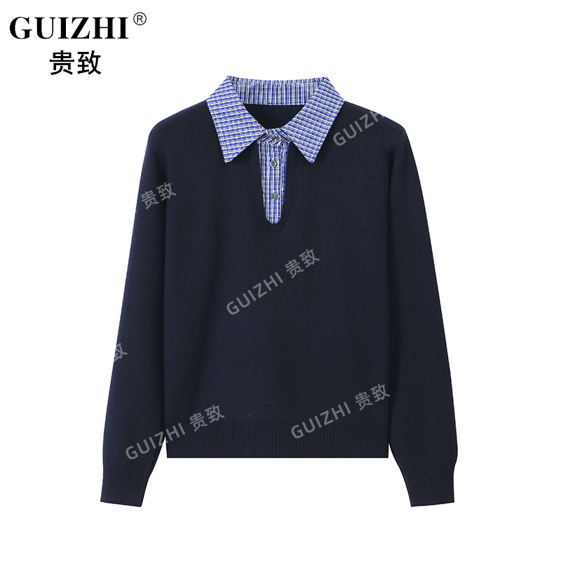 韩系洋气polo翻领软糯针织打底衫女秋季新款宽松衬衫拼接长袖上衣