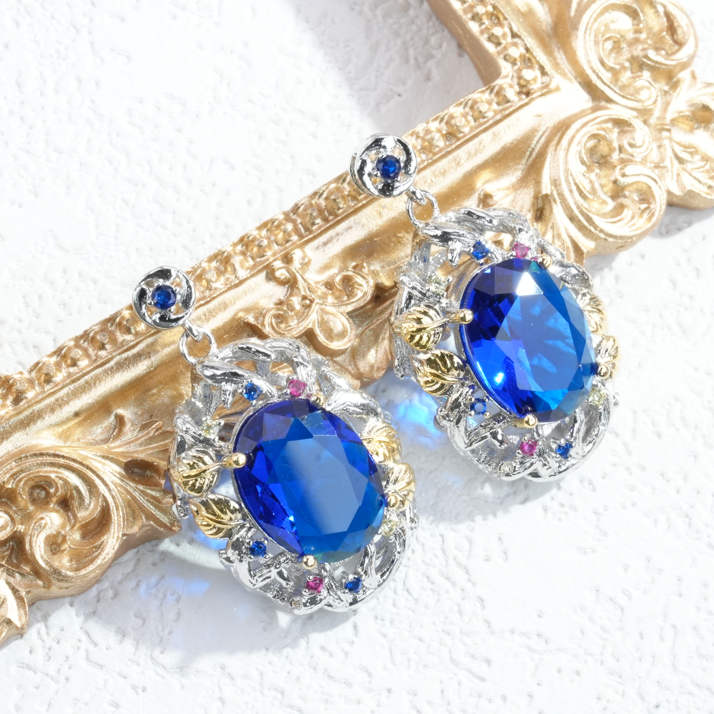 铜合金合成锆石耳饰 小众铜合金合成立方氧化锆蓝色耳钉7121-1