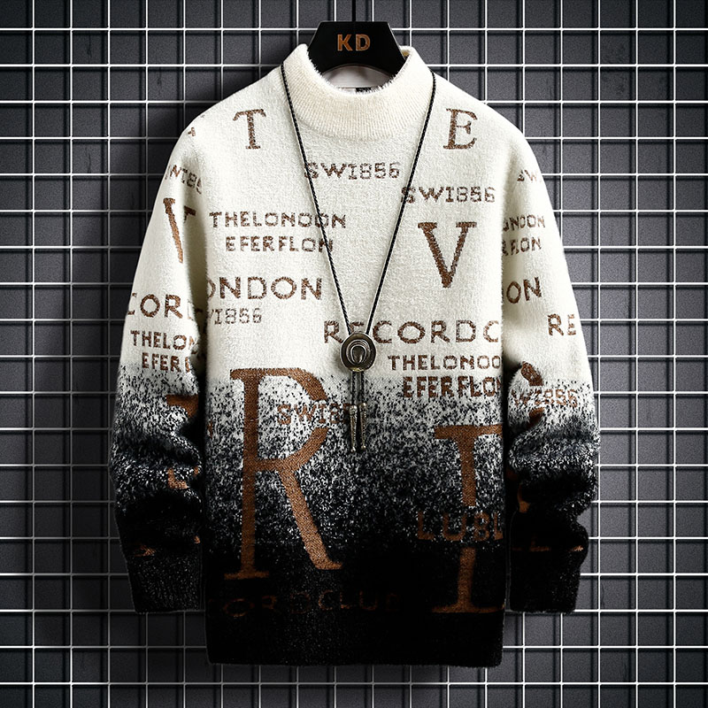 水貂绒毛衣男秋冬渐变加厚保暖内搭打底衫宽松潮流半高领套头线衣