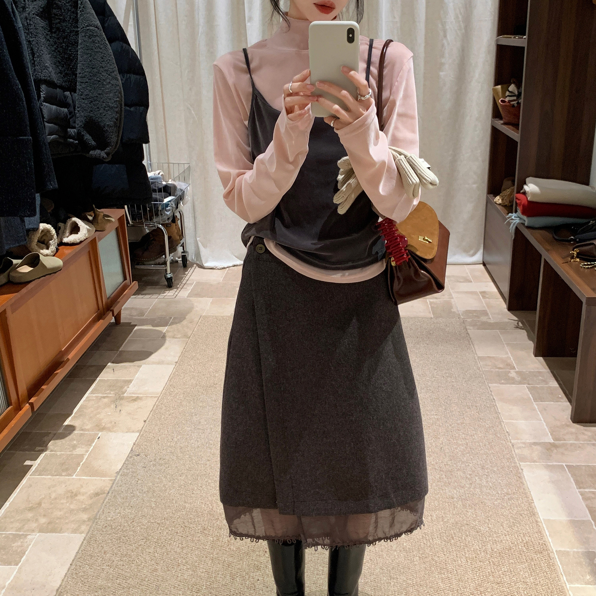 韩系咖色蕾丝拼接花苞裙女2025冬新优雅高腰垂感气质中长裙