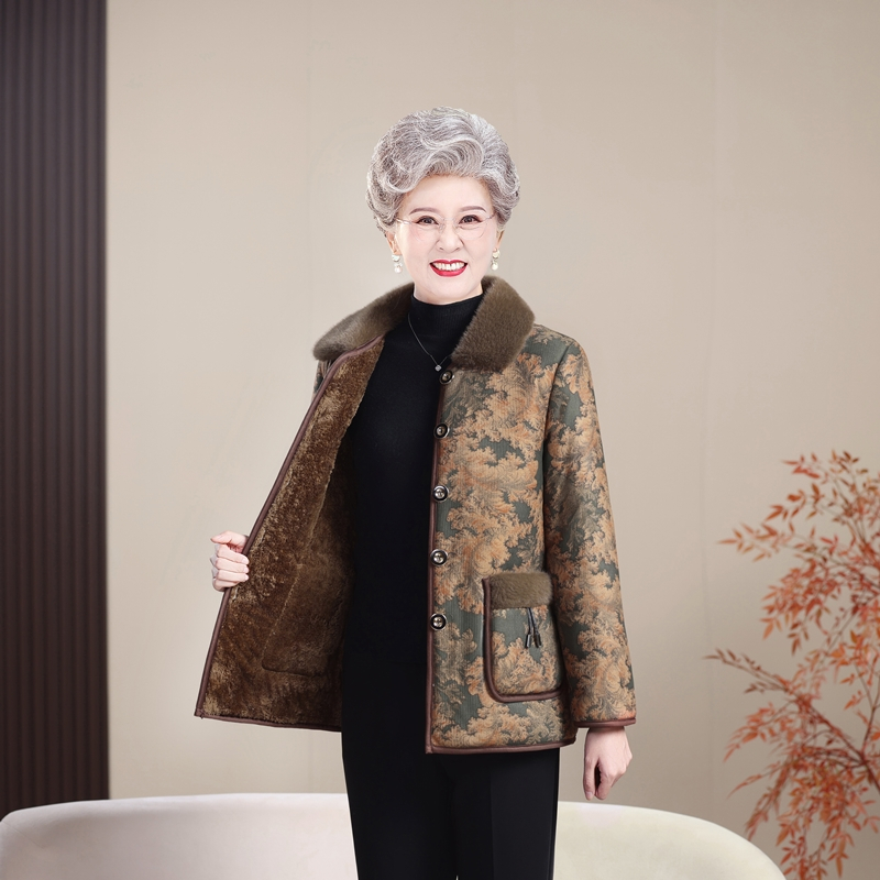 2025新款棉服翻领妈妈装加绒褶皱提花中老年女装植物花卉洋气