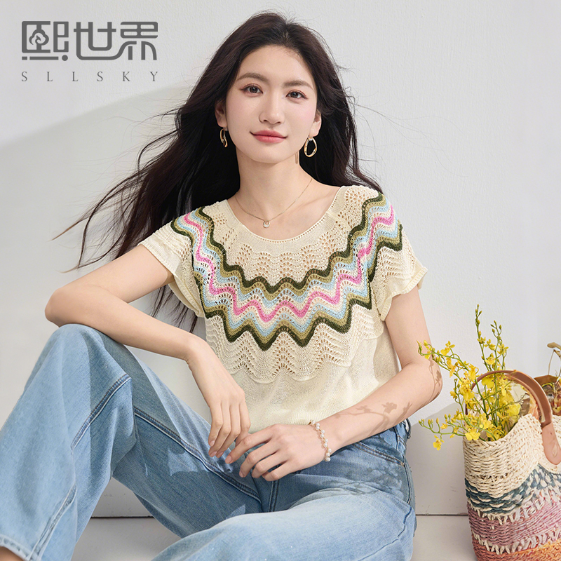 熙世界彩虹波浪撞色短袖针织衫女夏季2025新款镂空钩花短款上衣