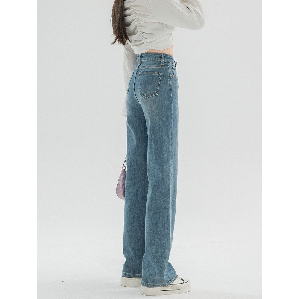 覆古直筒牛仔裤女2025春季新款高腰小个子宽松女士阔腿裤春秋蓝色