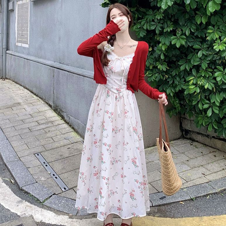 胖颖专属大码春夏季新款法式复古印花花边长裙+开衫两件套6721